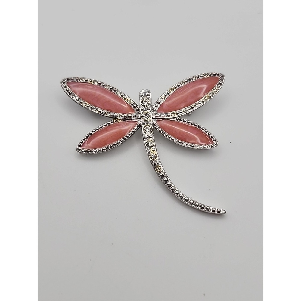 Vintage Dragonfly Silver Tone Pink Enamel Rhinestone Avon Signed Figural Brooch